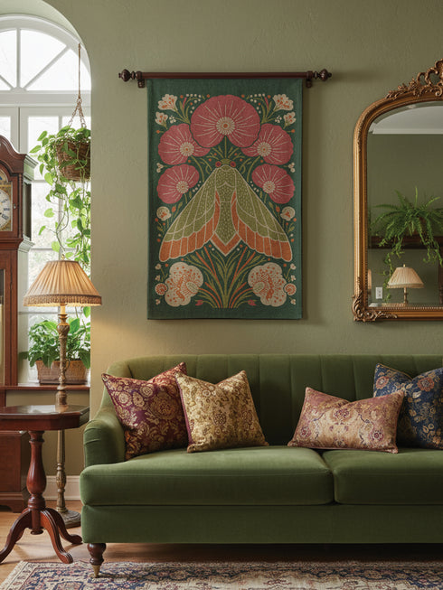 A rectangular woven wall tapestry with a rich, dark green background. The central design is a large, stylized moth with intricate wings in shades of orange, cream, and muted green. The moth is surrounded by a symmetrical arrangement of folk-art style flowers and botanicals in vibrant pink, coral, and cream. The entire piece has a visible, high-quality woven texture. This polyester and cotton blend textile art measures 26x36 inches and includes a rod pocket on the black backing for easy hanging.